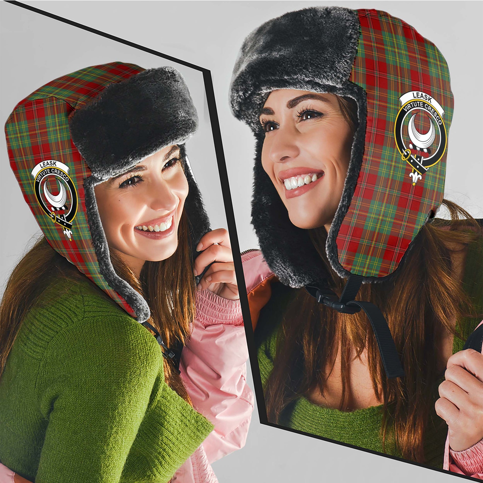 Leask Tartan Winter Trapper Hat with Family Crest - Tartanvibesclothing