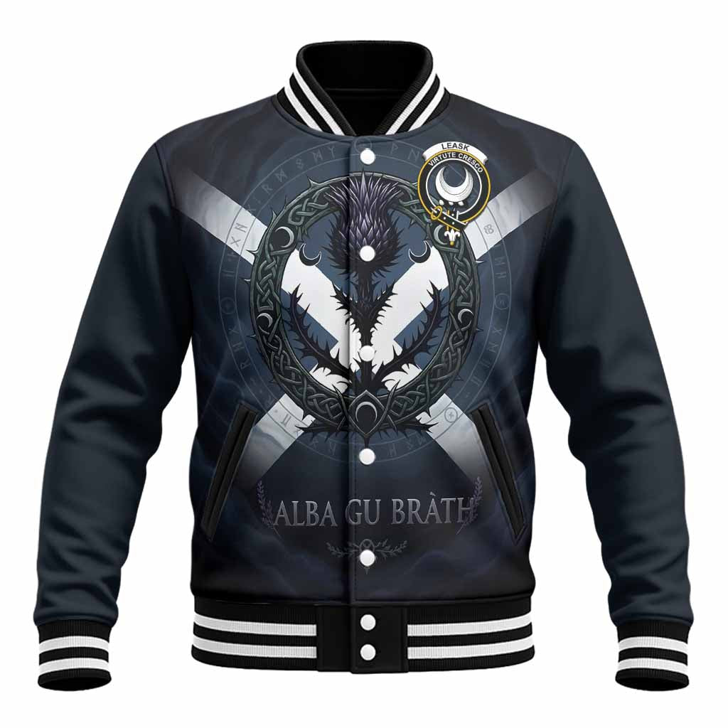 Leask Clan Crest Baseball Jacket with Celtic Knot Thistle and Saltire Unisex - Tartan Vibes Clothing