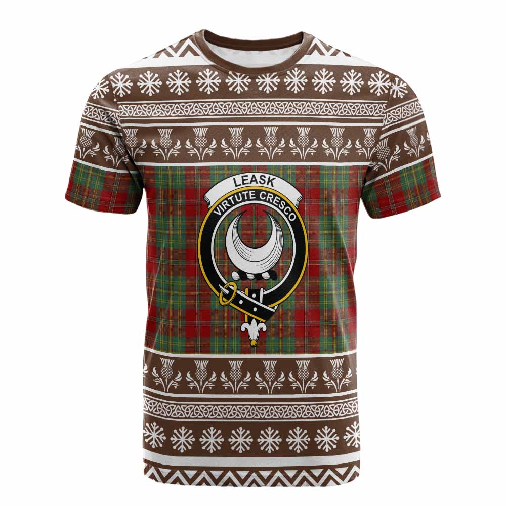 Leask Clan Tartan Christmas Cotton T-shirt with Family Crest - Tartan Vibes Clothing