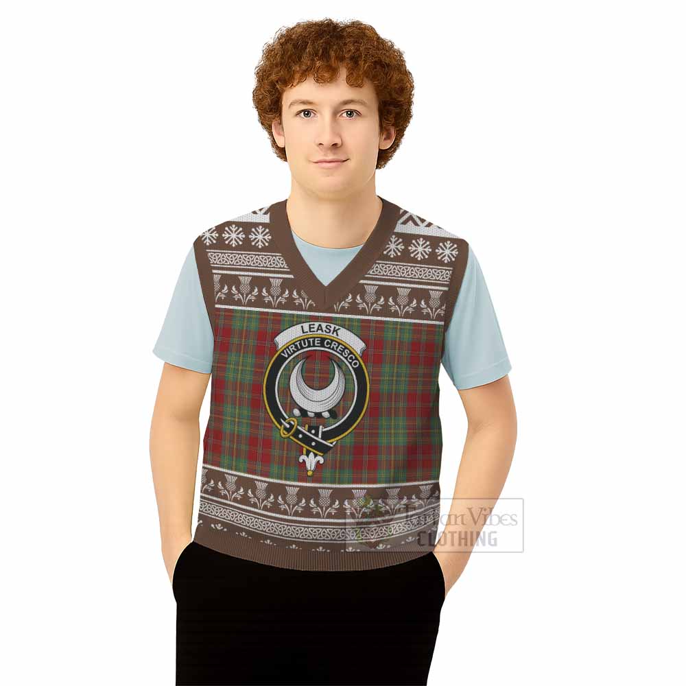 Leask Clan Tartan Christmas Knitted V-Neck Vest with Family Crest - Tartan Vibes Clothing