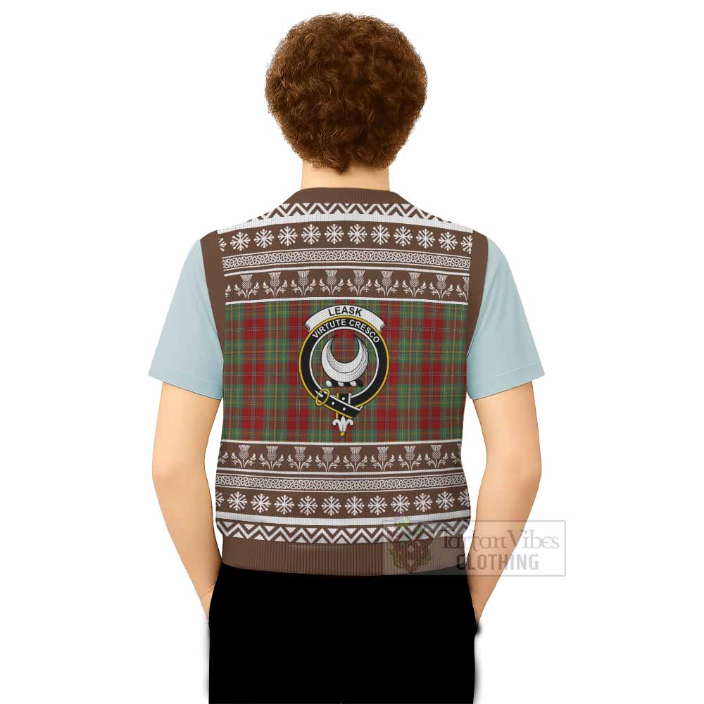 Leask Clan Tartan Christmas Knitted V-Neck Vest with Family Crest - Tartan Vibes Clothing
