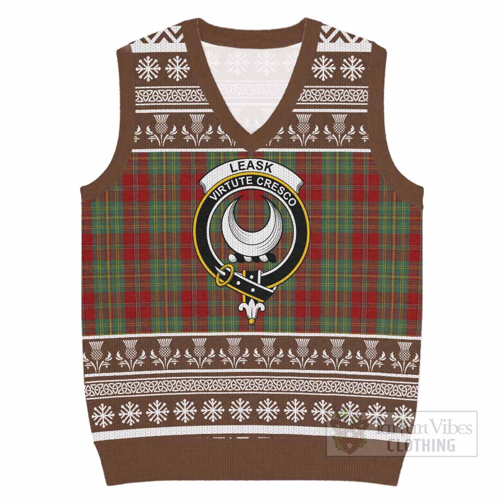 Leask Clan Tartan Christmas Knitted V-Neck Vest with Family Crest - Tartan Vibes Clothing