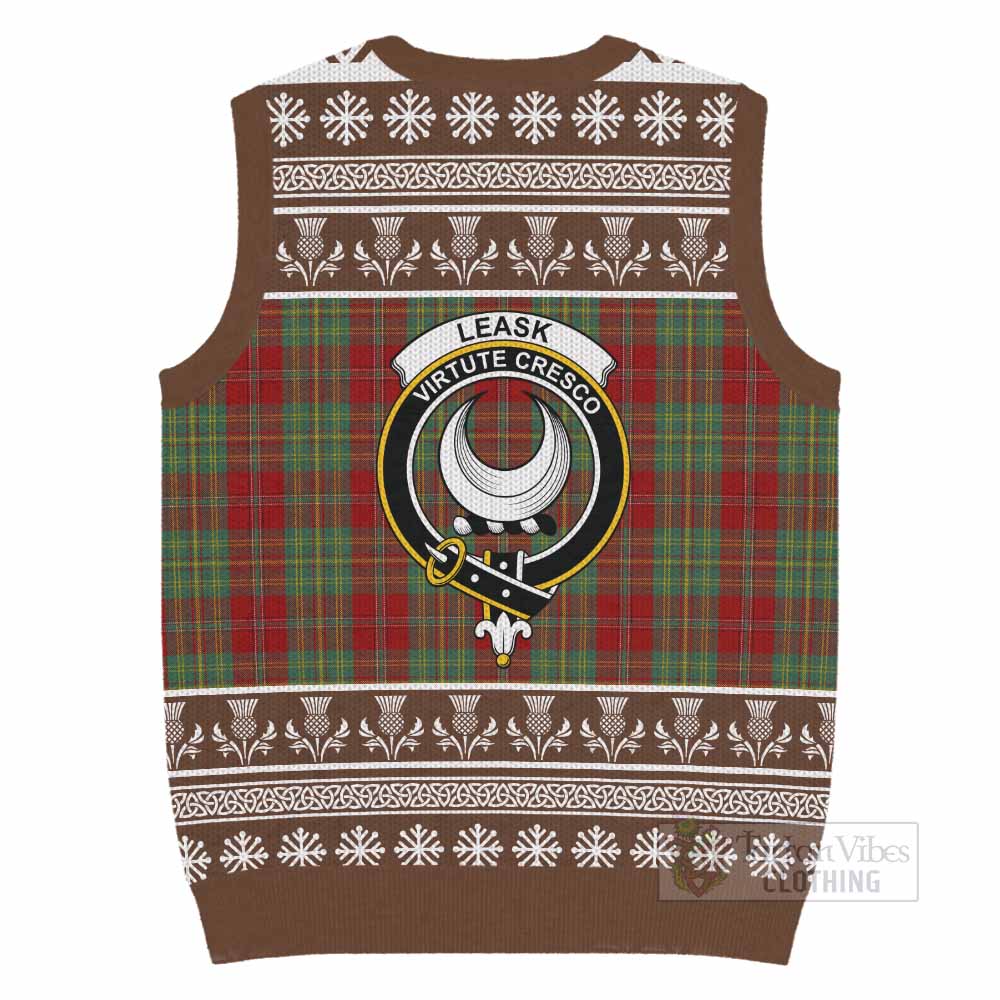 Leask Clan Tartan Christmas Knitted V-Neck Vest with Family Crest - Tartan Vibes Clothing