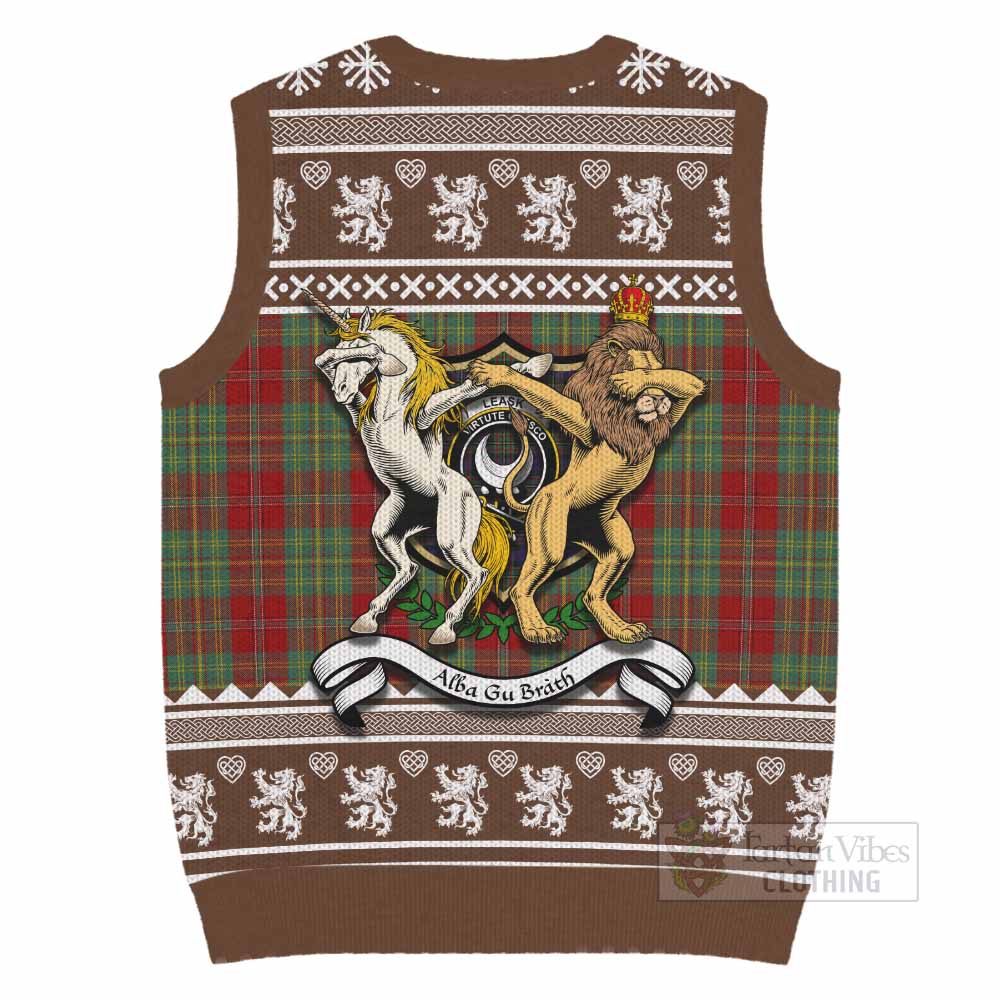 Leask Clan Tartan Crest Christmas Knitted V-Neck Vest Coat of Arms Funny Style - Tartan Vibes Clothing