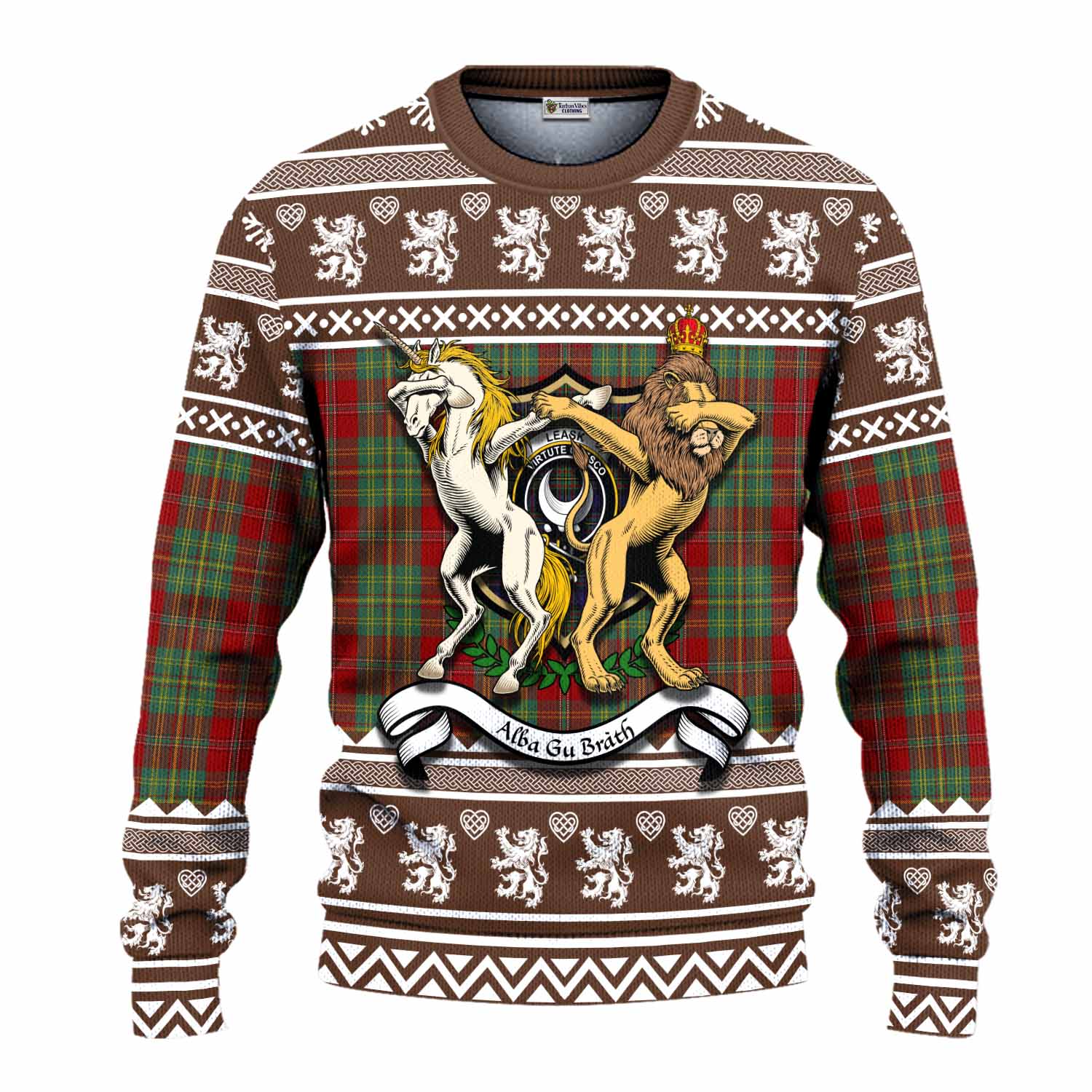 Leask Clan Tartan Crest Christmas Ugly Sweater Coat of Arms Funny Style - Tartan Vibes Clothing