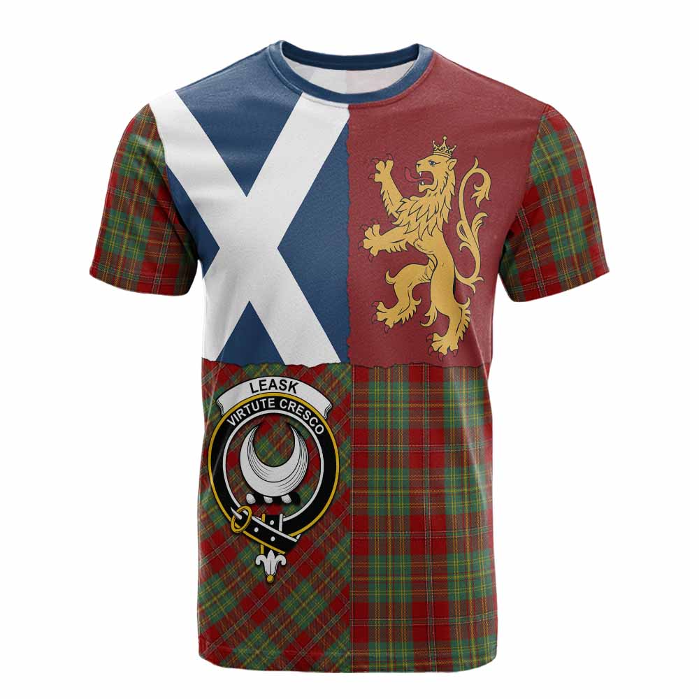 Leask Crest Tartan Cotton T-shirt with Lion Rampant Saltire Style - Tartan Vibes Clothing