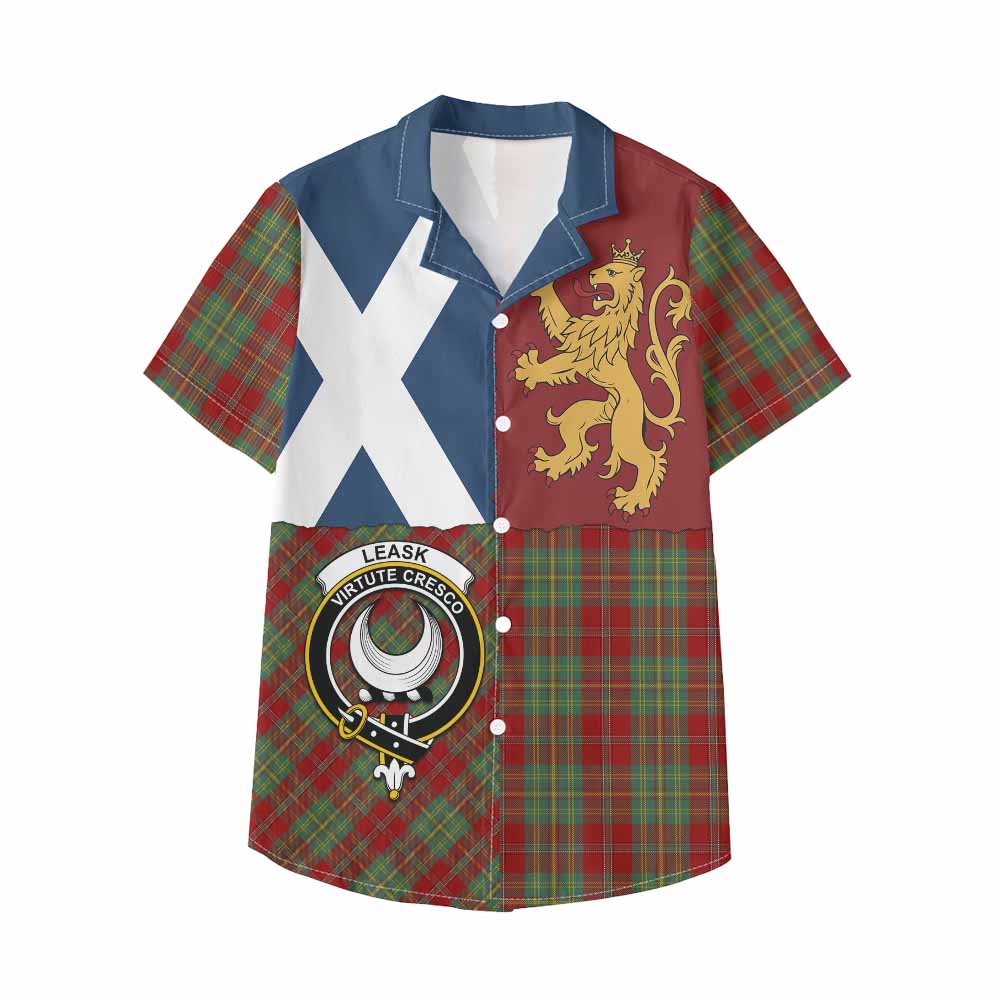Leask Crest Tartan Kid Hawaiian Shirt with Lion Rampant Saltire Style - Tartan Vibes Clothing