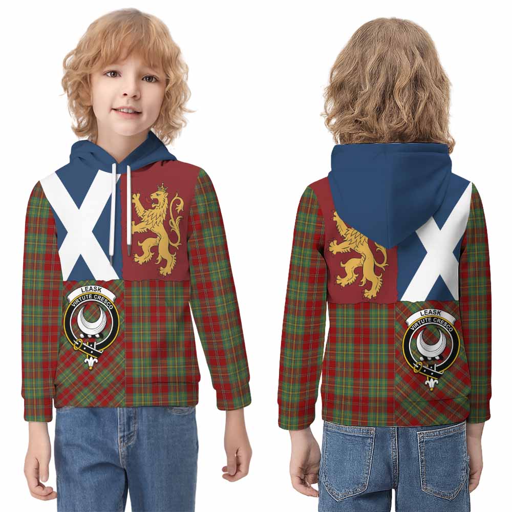 Leask Crest Tartan Kid Hoodie with Lion Rampant Saltire Style - Tartan Vibes Clothing
