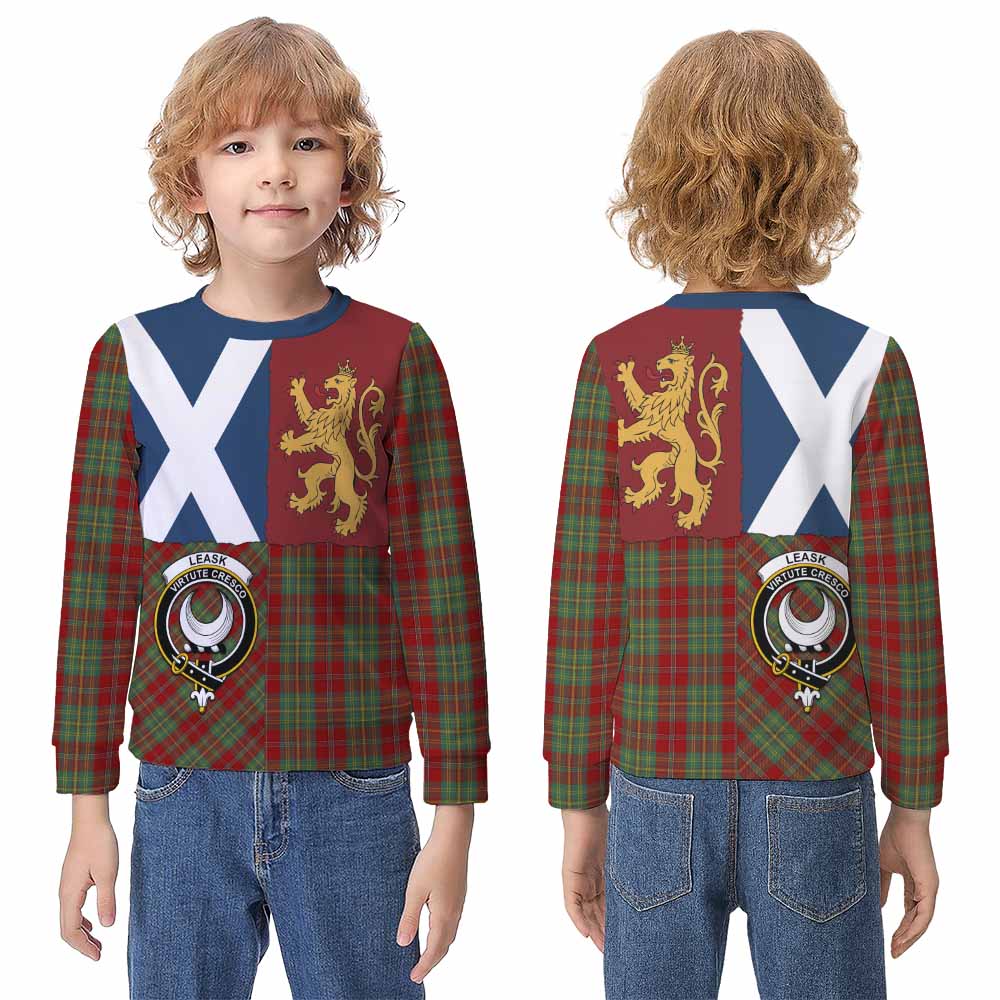 Leask Crest Tartan Kid Knitted Sweatshirt with Lion Rampant Saltire Style - Tartan Vibes Clothing