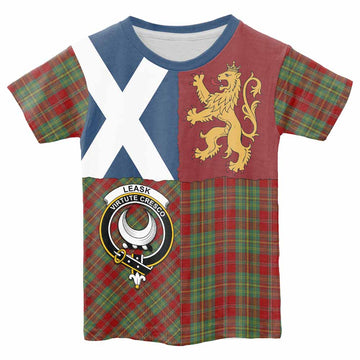 Leask Crest Tartan Kid T-shirt with Lion Rampant Saltire Style - Tartan Vibes Clothing
