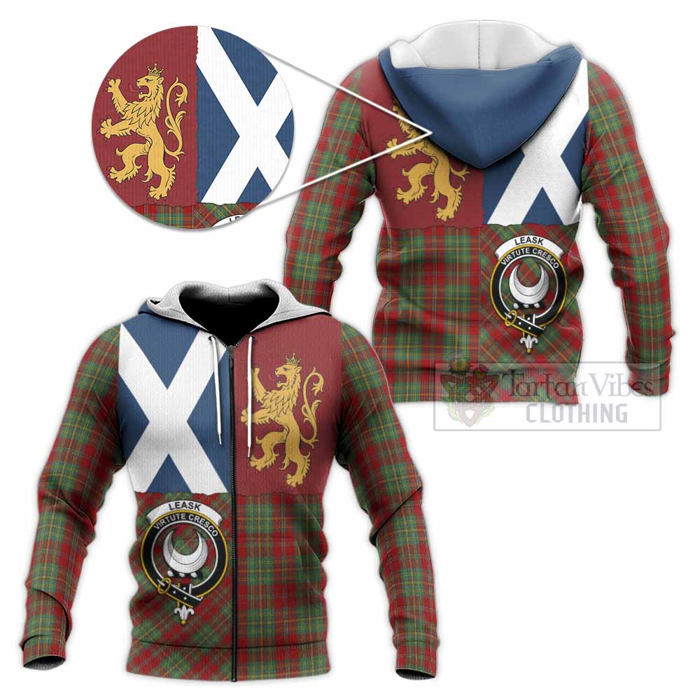 Leask Crest Tartan Knitted Hoodie with Lion Rampant Saltire Style