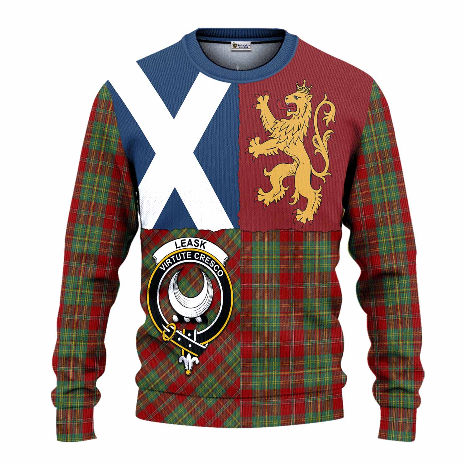 Leask Crest Tartan Knitted Sweater with Lion Rampant Saltire Style
