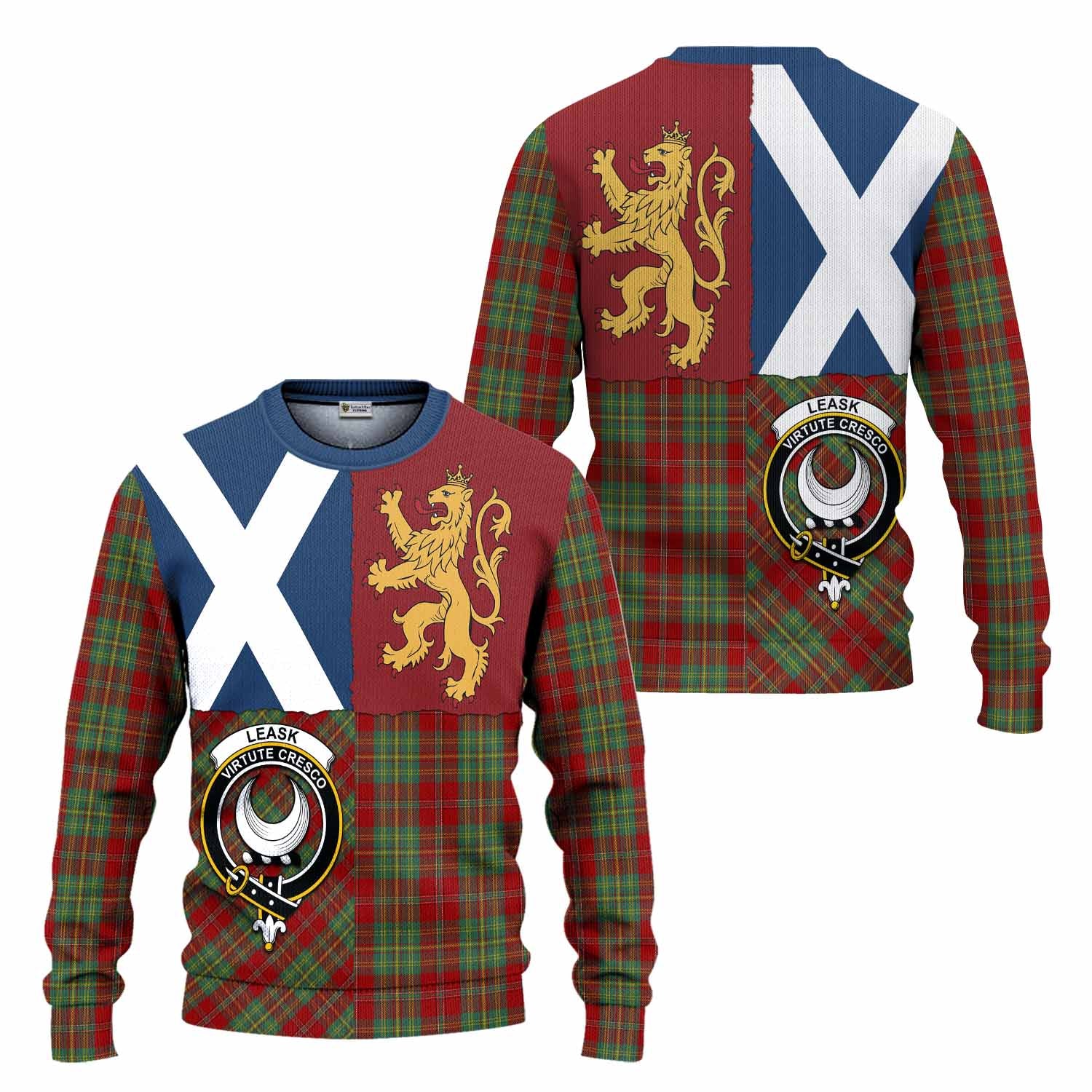 Leask Crest Tartan Knitted Sweater with Lion Rampant Saltire Style