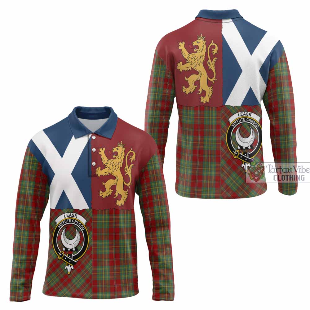 Leask Crest Tartan Long Sleeve Polo Shirt with Lion Rampant Saltire Style