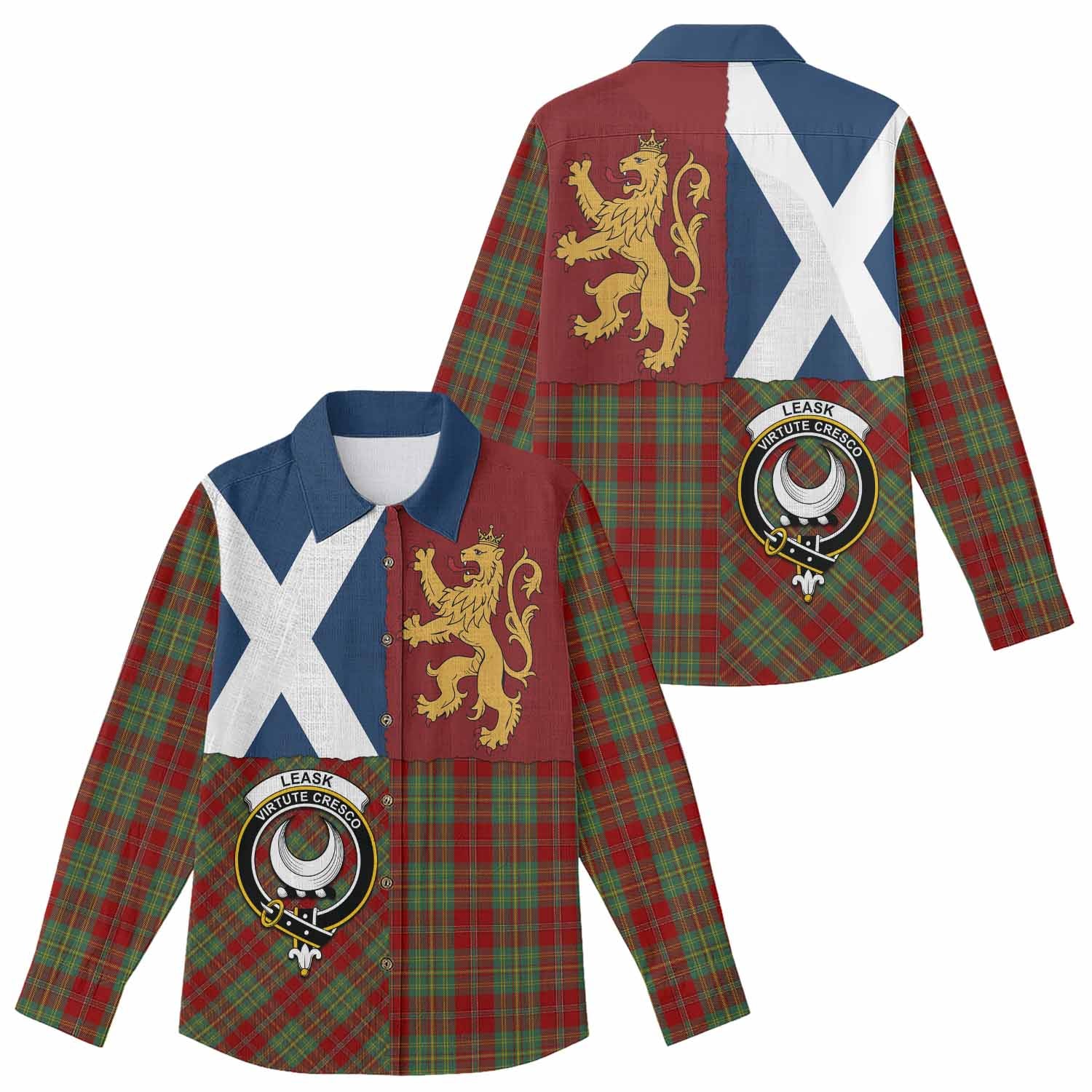 Leask Crest Tartan Women Casual Shirt with Lion Rampant Saltire Style