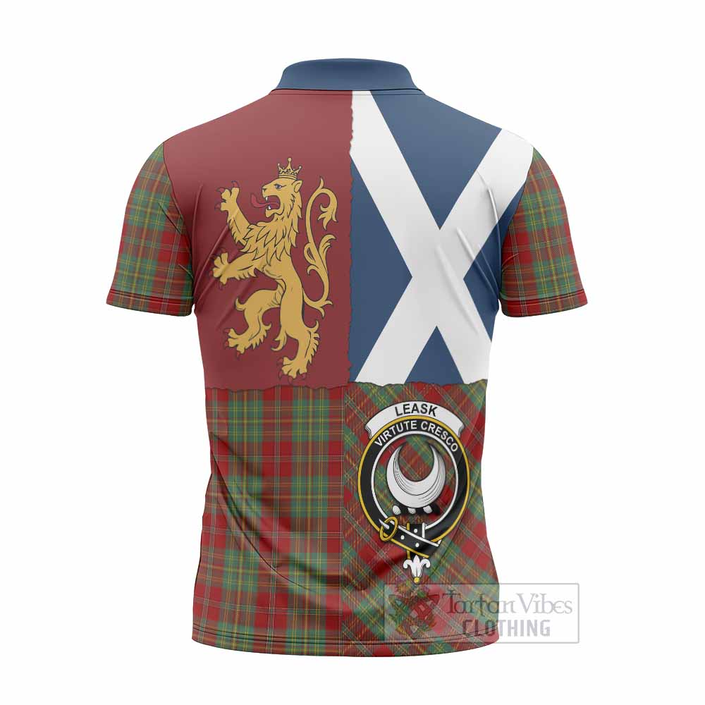 Leask Crest Tartan Zipper Polo Shirt with Lion Rampant Saltire Style
