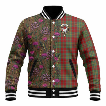 Leask Family Crest Tartan Baseball Jacket Scottish Thistle Flower Pattern Half Style