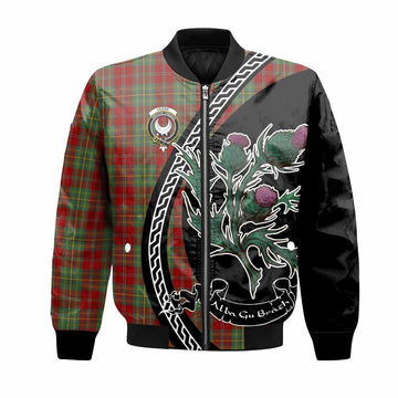 Leask Family Crest Tartan Bomber Jacket Alba Thistle Inspired