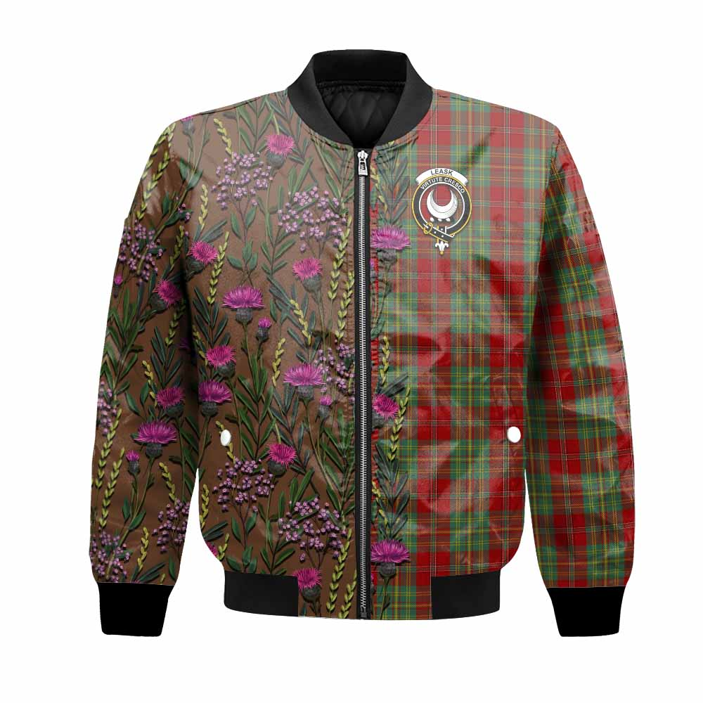 Leask Family Crest Tartan Bomber Jacket Scottish Thistle Flower Pattern Half Style - Tartan Vibes Clothing