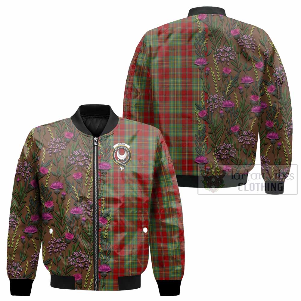 Leask Family Crest Tartan Bomber Jacket Scottish Thistle Flower Pattern Half Style - Tartan Vibes Clothing