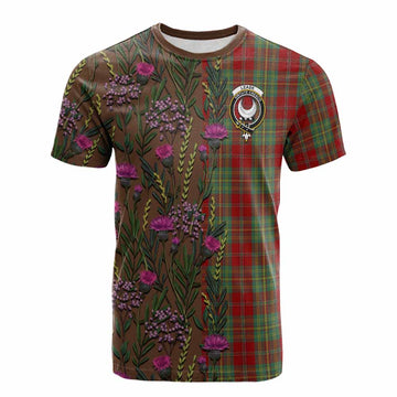 Leask Family Crest Tartan Cotton T-shirt Scottish Thistle Flower Pattern Half Style