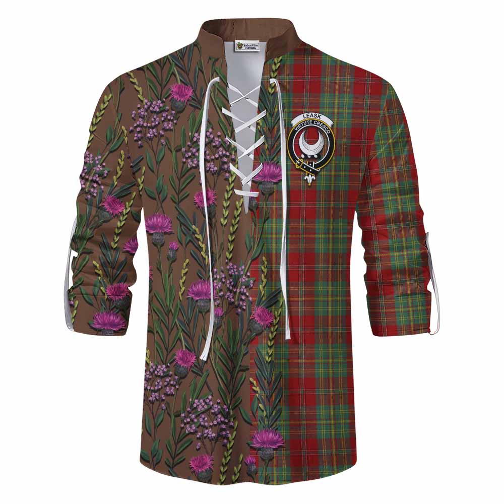 Leask Family Crest Tartan Ghillie Shirt Scottish Thistle Flower Pattern Half Style - Tartan Vibes Clothing
