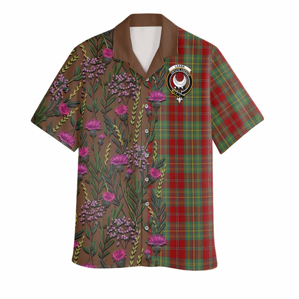 Leask Family Crest Tartan Hawaiian Shirt Scottish Thistle Flower Pattern Half Style - Tartan Vibes Clothing