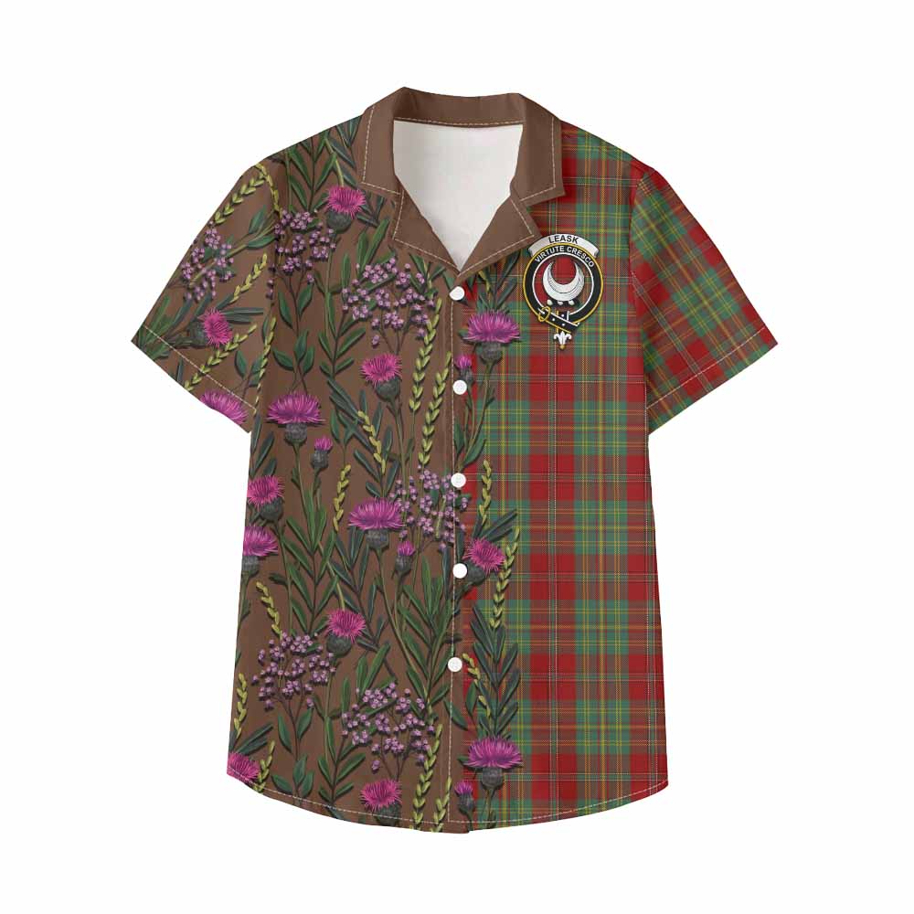 Leask Family Crest Tartan Kid Hawaiian Shirt Scottish Thistle Flower Pattern Half Style - Tartan Vibes Clothing