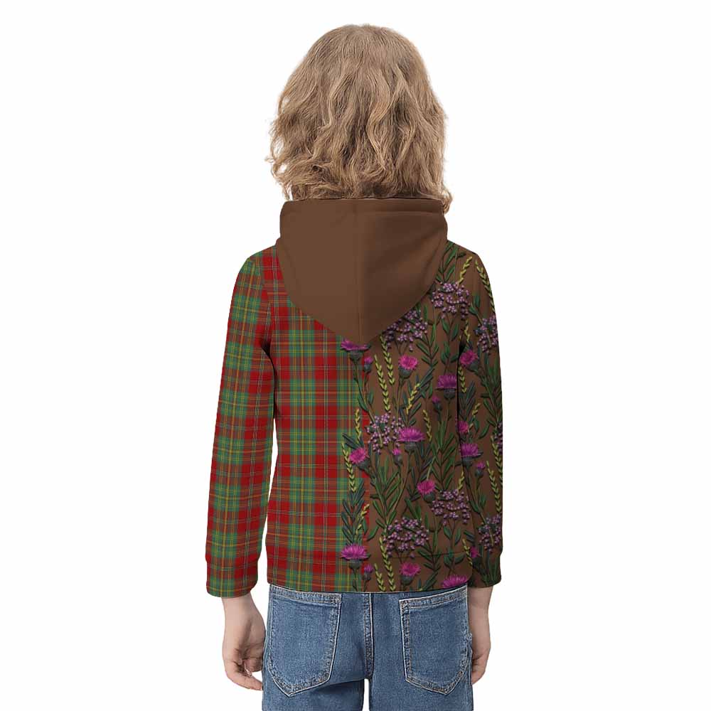 Leask Family Crest Tartan Kid Hoodie Scottish Thistle Flower Pattern Half Style - Tartan Vibes Clothing