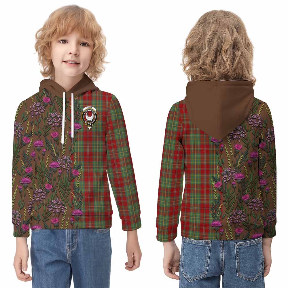 Leask Family Crest Tartan Kid Hoodie Scottish Thistle Flower Pattern Half Style - Tartan Vibes Clothing