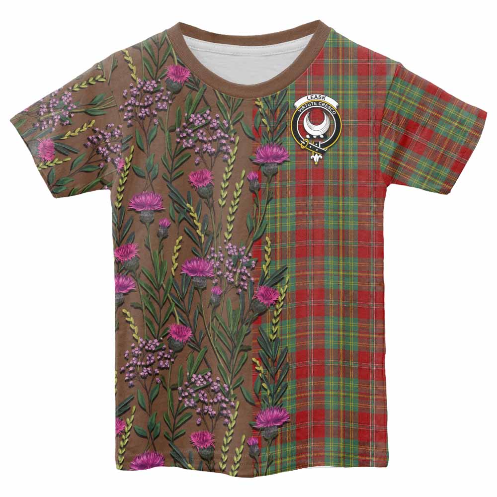Leask Family Crest Tartan Kid T-shirt Scottish Thistle Flower Pattern Half Style - Tartan Vibes Clothing