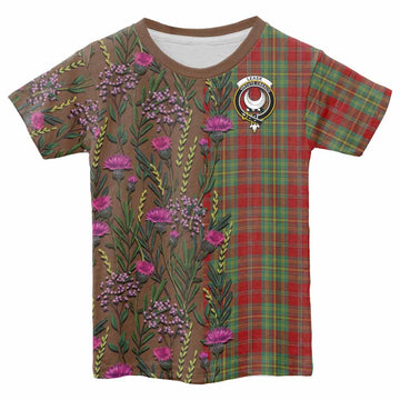 Leask Family Crest Tartan Kid T-shirt Scottish Thistle Flower Pattern Half Style - Tartan Vibes Clothing