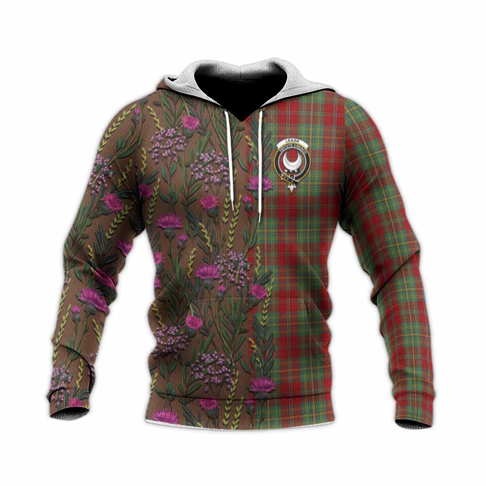 Leask Family Crest Tartan Knitted Hoodie Scottish Thistle Flower Pattern Half Style - Tartan Vibes Clothing