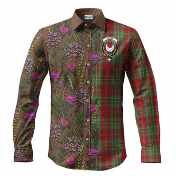 Leask Family Crest Tartan Long Sleeve Button Shirts Scottish Thistle Flower Pattern Half Style