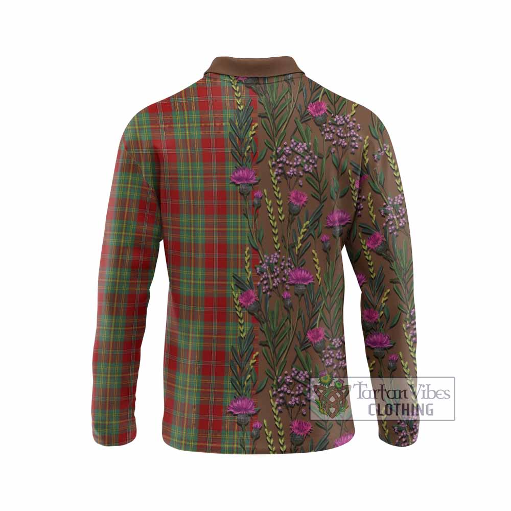 Leask Family Crest Tartan Long Sleeve Polo Shirt Scottish Thistle Flower Pattern Half Style - Tartan Vibes Clothing
