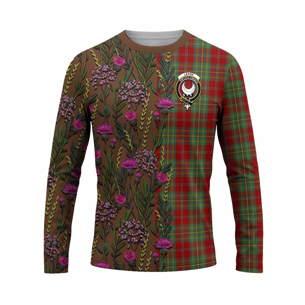 Leask Family Crest Tartan Long Sleeve T-Shirt Scottish Thistle Flower Pattern Half Style - Tartan Vibes Clothing