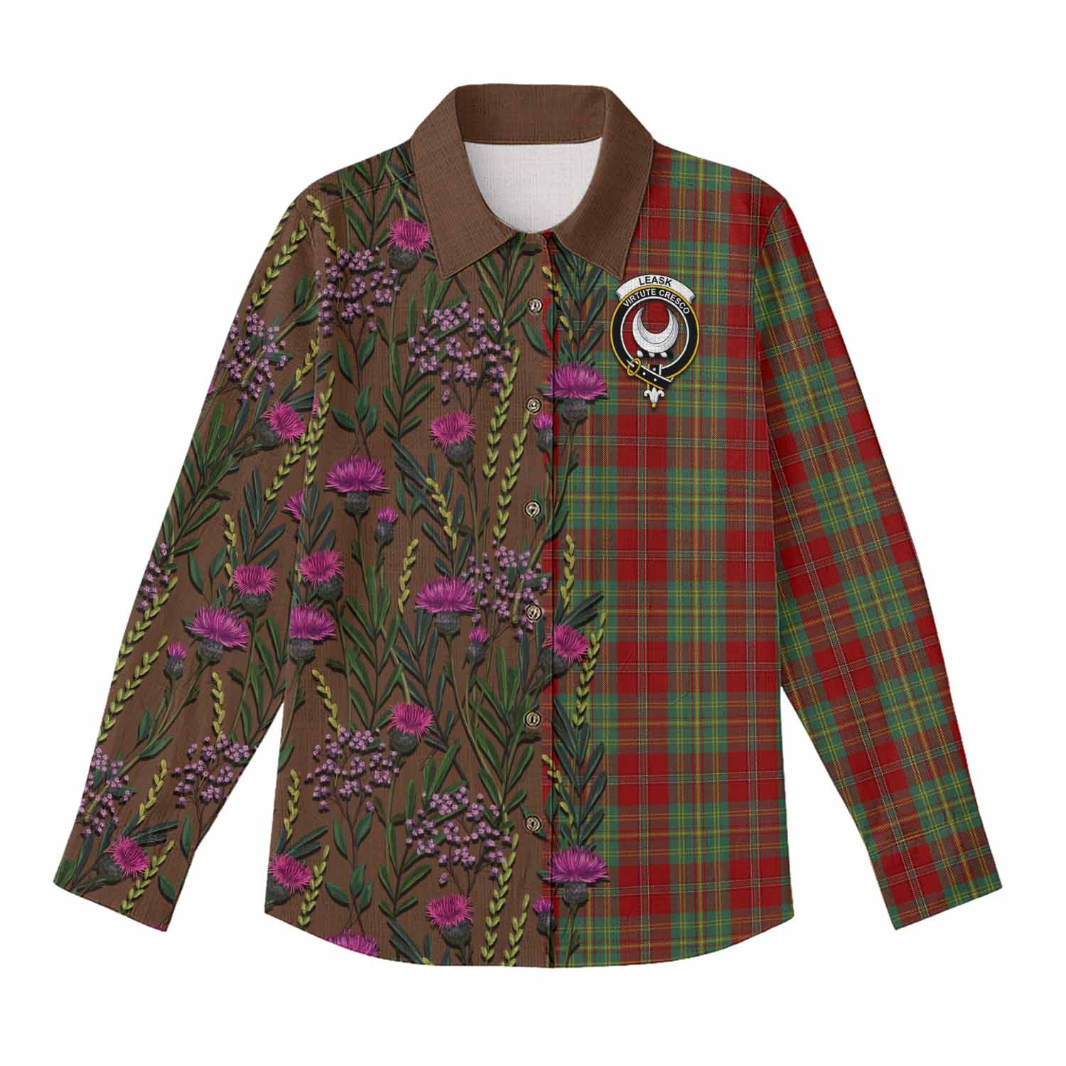 Leask Family Crest Tartan Women Casual Shirt Scottish Thistle Flower Pattern Half Style - Tartan Vibes Clothing