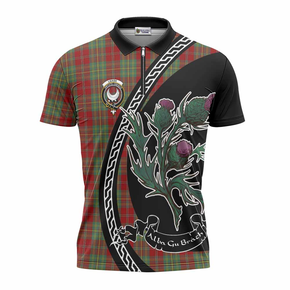 Leask Family Crest Tartan Zipper Polo Shirt Alba Thistle Inspired - Tartan Vibes Clothing