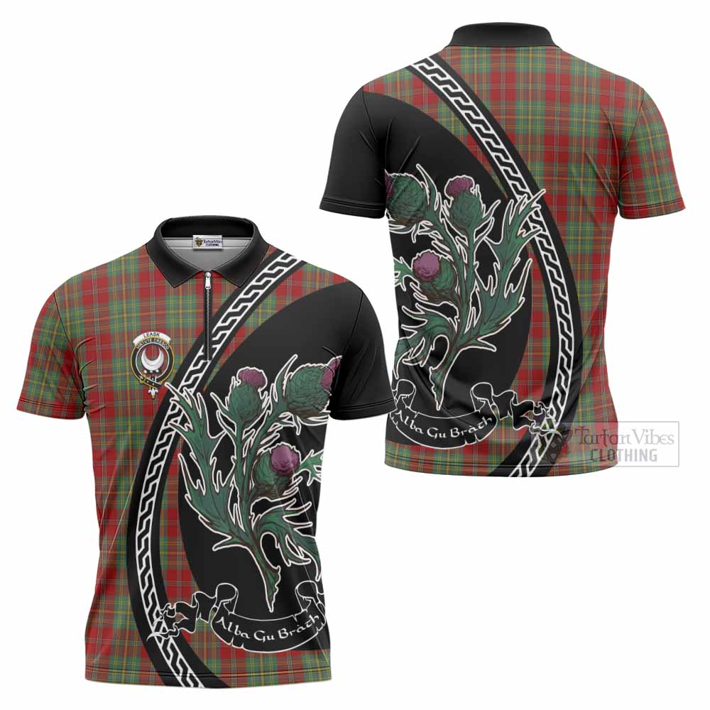 Leask Family Crest Tartan Zipper Polo Shirt Alba Thistle Inspired - Tartan Vibes Clothing