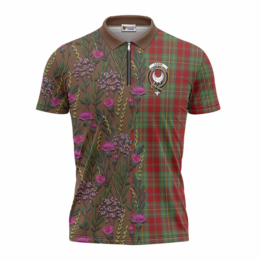 Leask Family Crest Tartan Zipper Polo Shirt Scottish Thistle Flower Pattern Half Style - Tartan Vibes Clothing