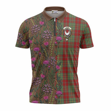 Leask Family Crest Tartan Zipper Polo Shirt Scottish Thistle Flower Pattern Half Style