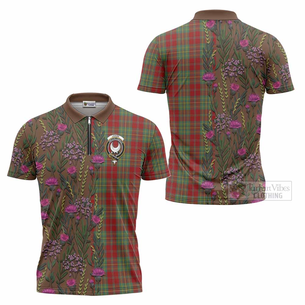 Leask Family Crest Tartan Zipper Polo Shirt Scottish Thistle Flower Pattern Half Style - Tartan Vibes Clothing