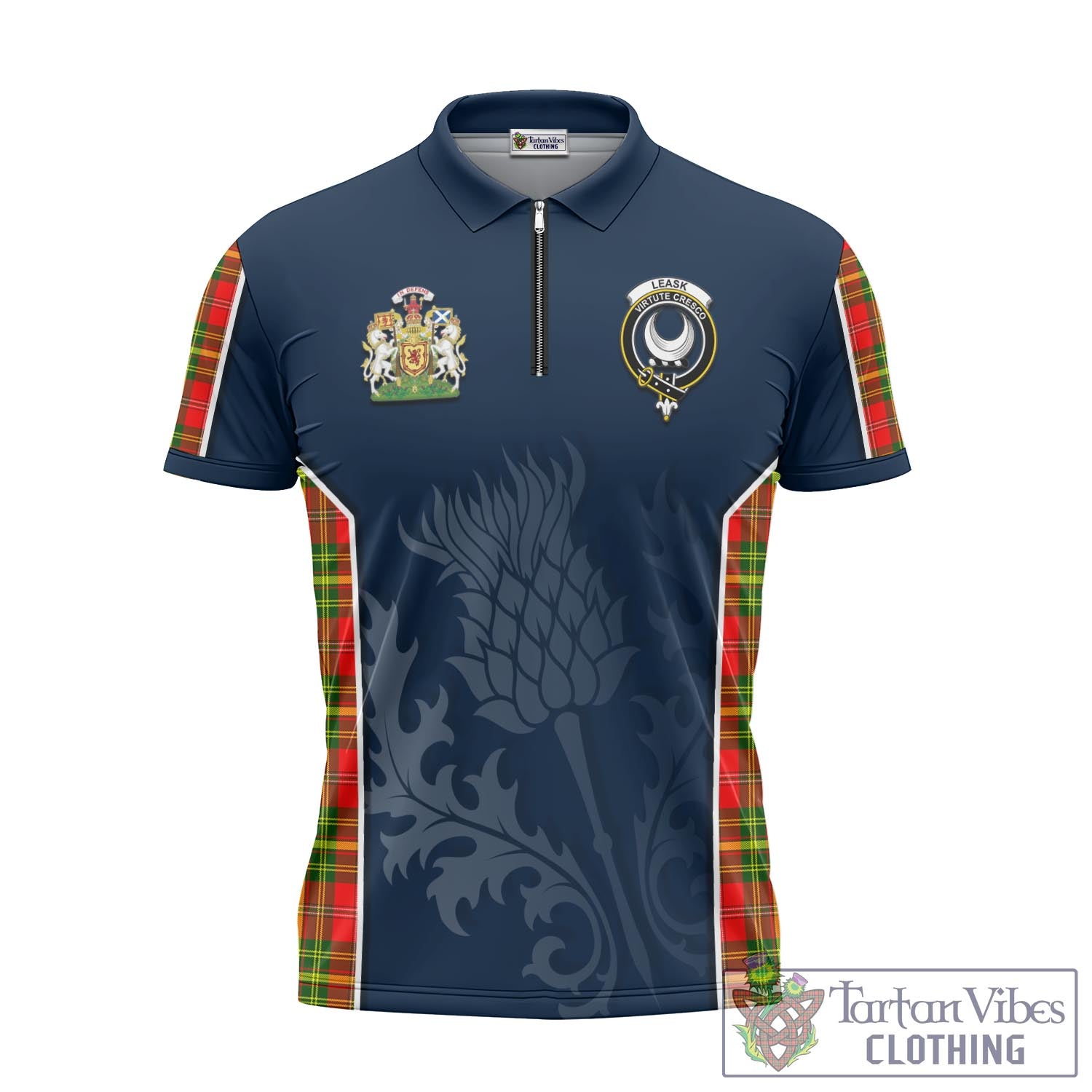 Tartan Vibes Clothing Leask Modern Tartan Zipper Polo Shirt with Family Crest and Scottish Thistle Vibes Sport Style