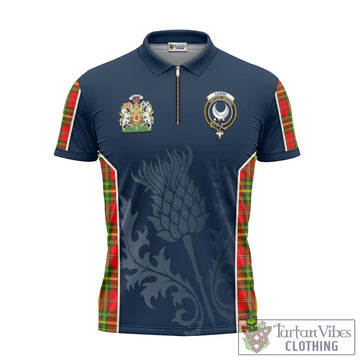 Leask Modern Tartan Zipper Polo Shirt with Family Crest and Scottish Thistle Vibes Sport Style