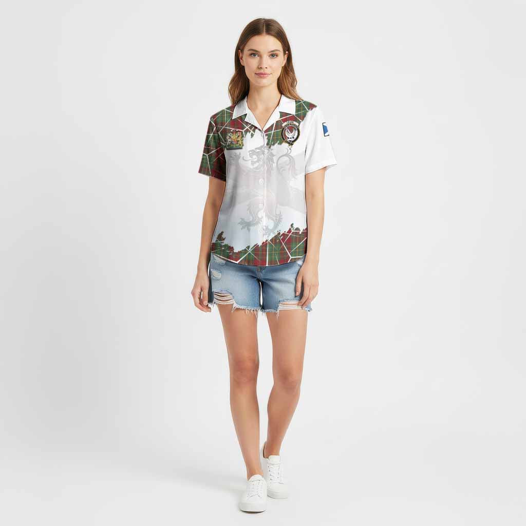 Leask Tartan Cotton Hawaiian Shirt with Family Crest and Lion Rampant Grunge Style