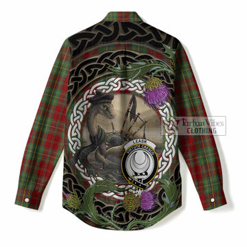 Leask Tartan Crest Bagpipe Nessie Women Casual Shirt Scottish Loch Ness Monster Celtic Thistle