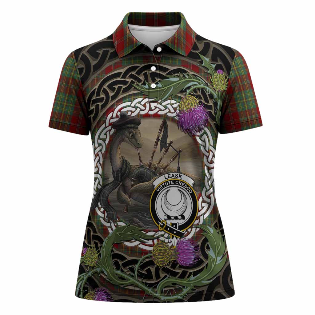 Leask Tartan Crest Bagpipe Nessie Women Polo Shirt Scottish Loch Ness Monster Celtic Thistle