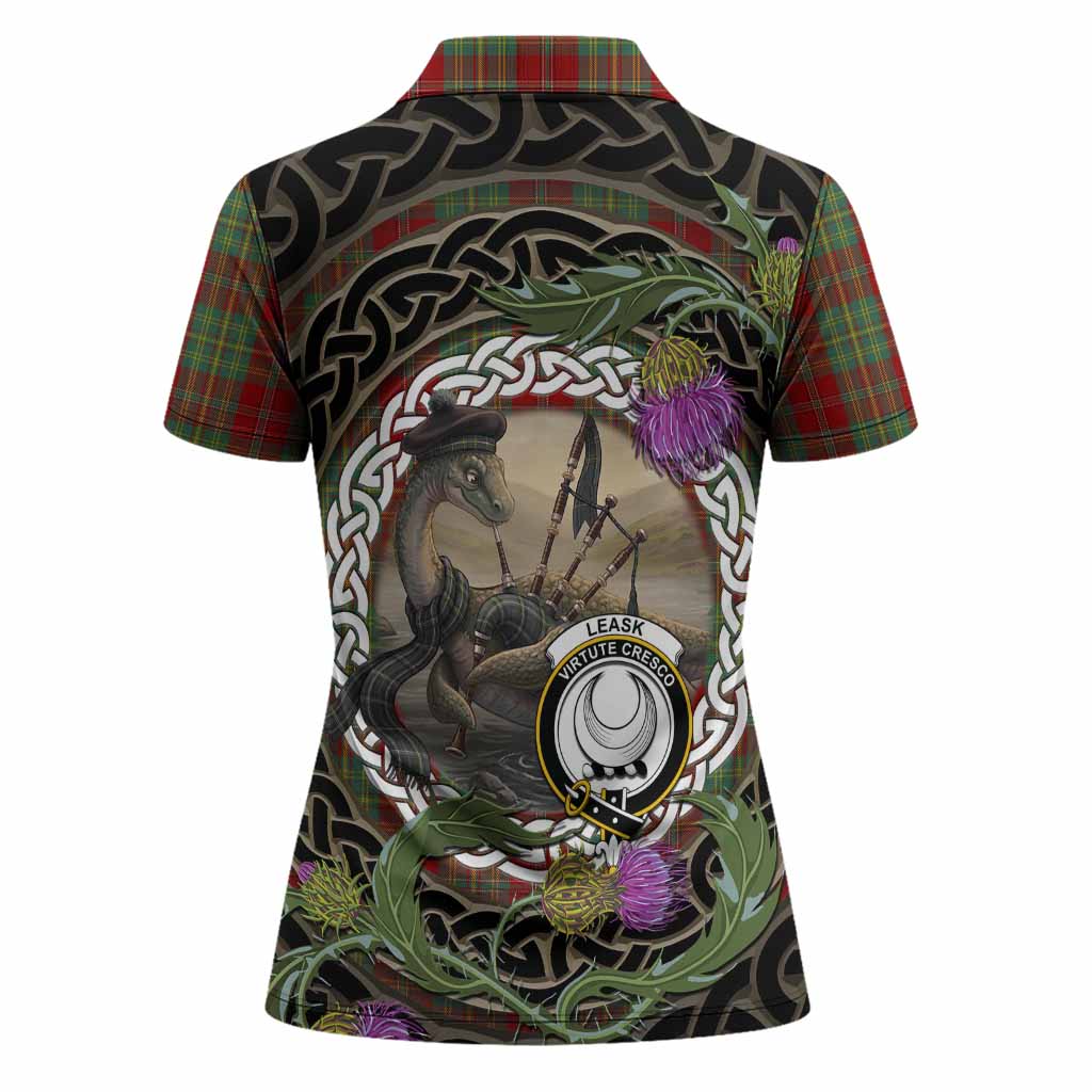 Leask Tartan Crest Bagpipe Nessie Women Polo Shirt Scottish Loch Ness Monster Celtic Thistle