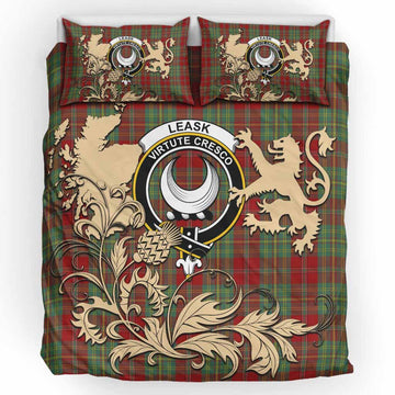 Leask Tartan Crest Bedding Set with Scottish Iconic Symbols 
