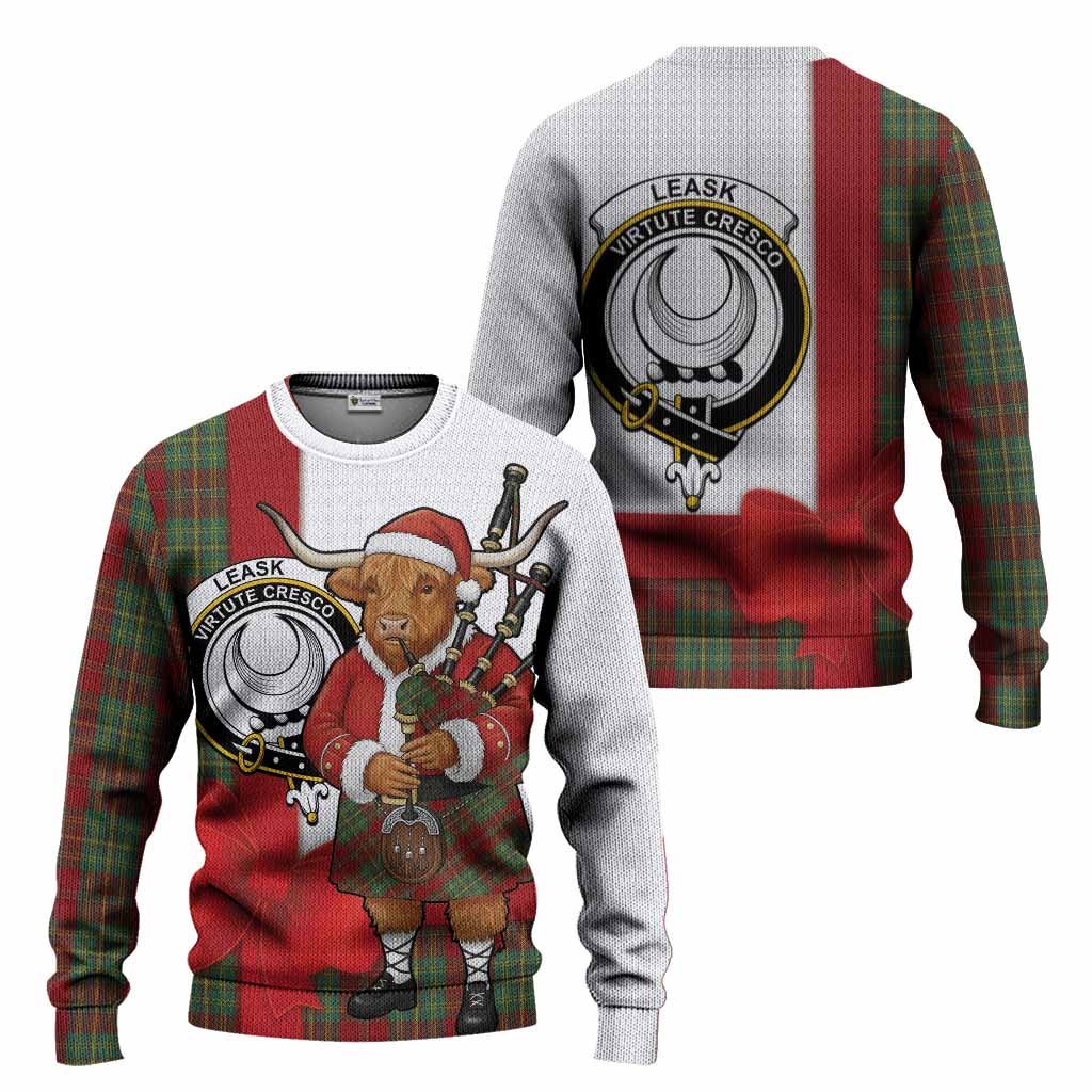 Leask Tartan Crest Christmas Christmas Ugly Sweater Highland Cow Bagpipes Coquette Bow Style